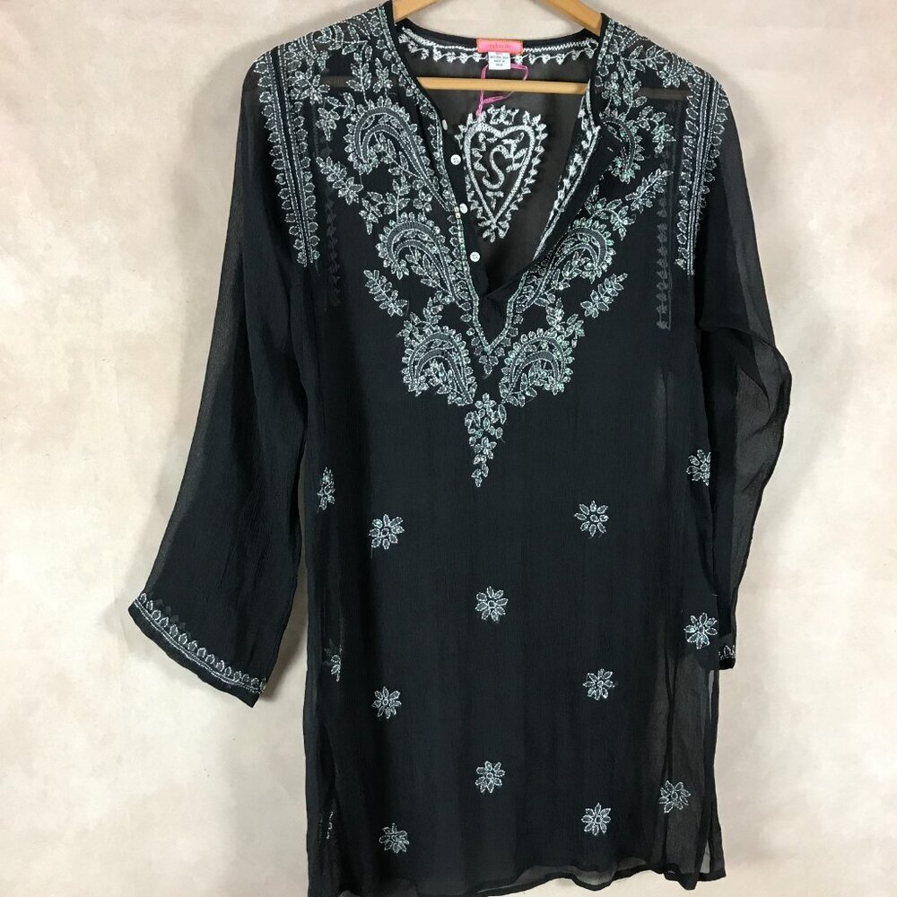 GLAM 100% Silk Black Embroidered Kaftan Sheer Tunic S/M